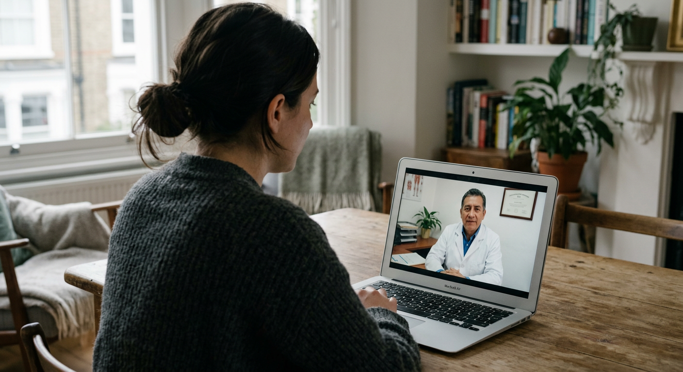 Paciente en videollamada con su médico desde la sala de su casa