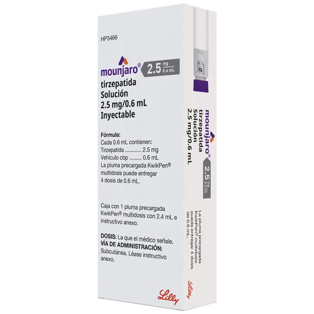 Caja de Mounjaro® tirzepatida 2.5 mg/0.6 mL con pluma precargada KwikPen, presentación para México