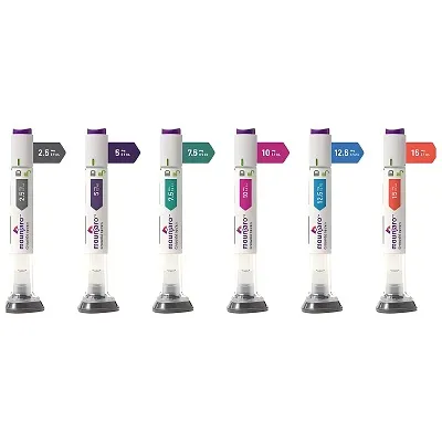 Plumas de Mounjaro® en sus seis dosis: 2.5, 5, 7.5, 10, 12.5 y 15 mg, cada una con su color