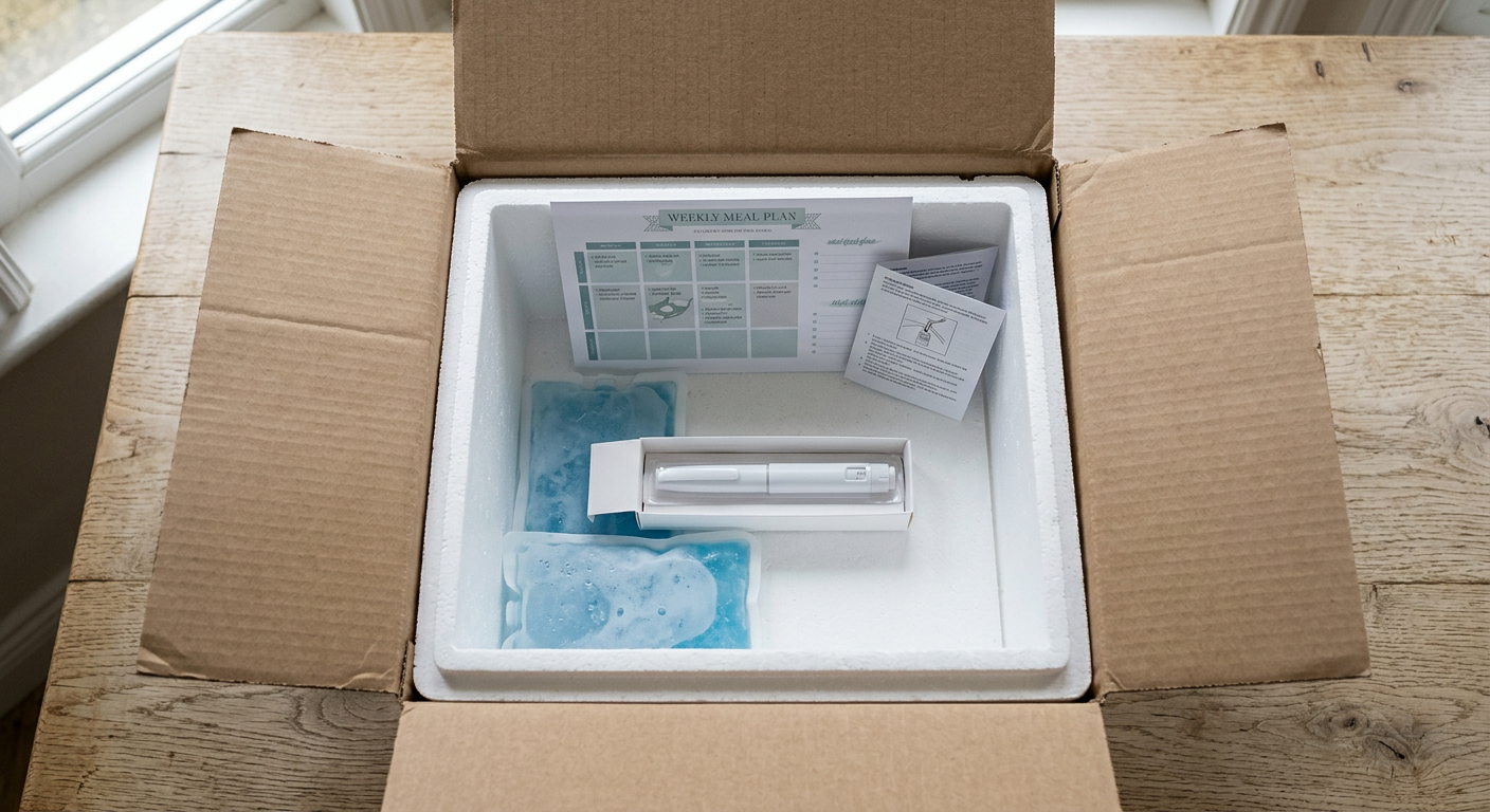 Caja térmica abierta con pluma inyectora, geles refrigerantes e instructivo